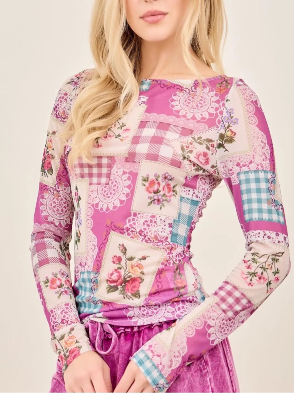 💕Coming Soon! Women’s Long Sleeve Mesh Patchwork Floral Top - Pink